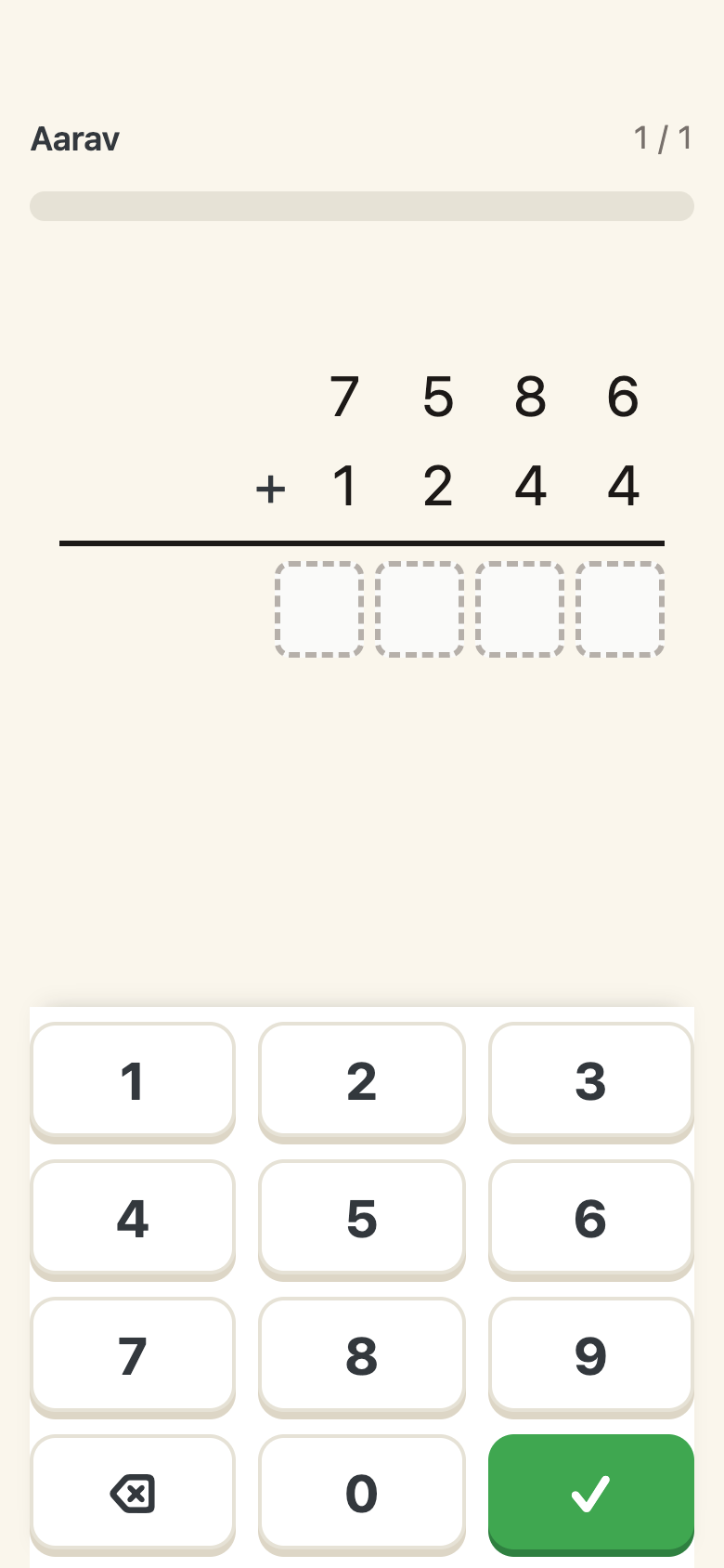 A vana question: 7586 plus 1244 in columns with four answer boxes and a number keypad