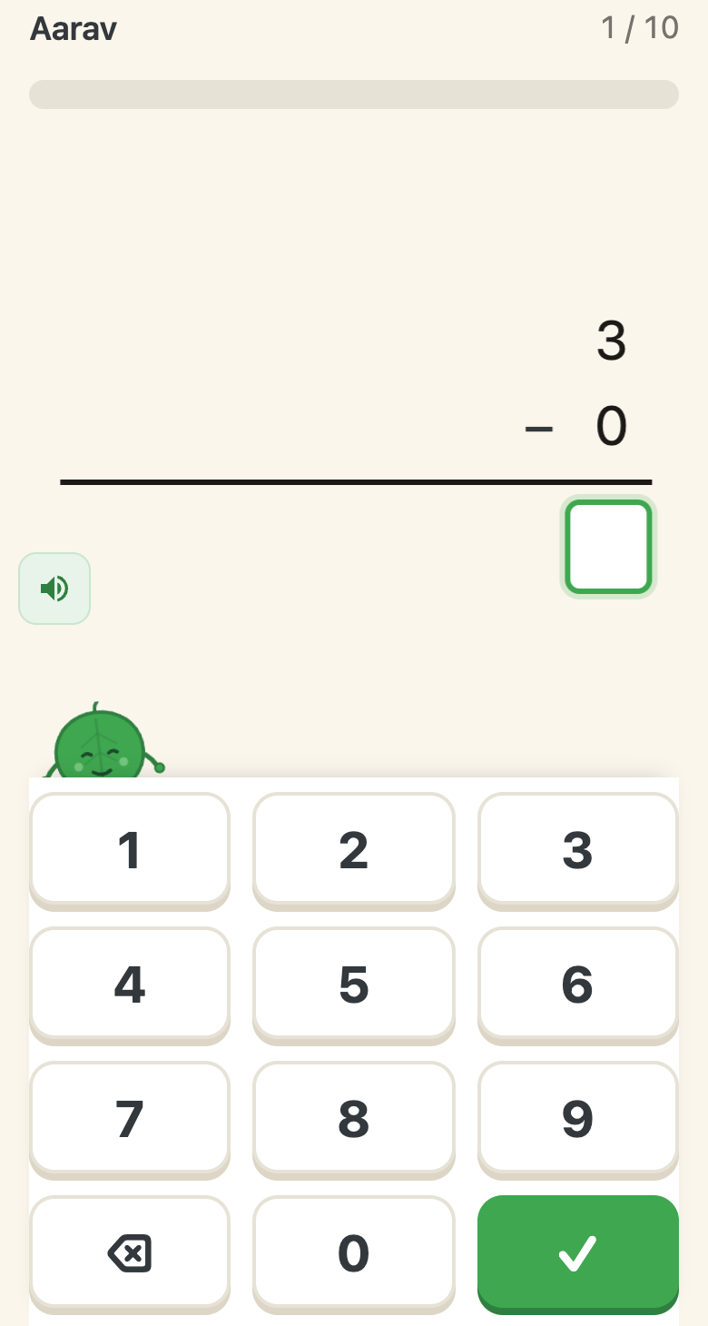 A quick fact: 3 minus 0, one answer box and a keypad, with Pip peeking from the corner
