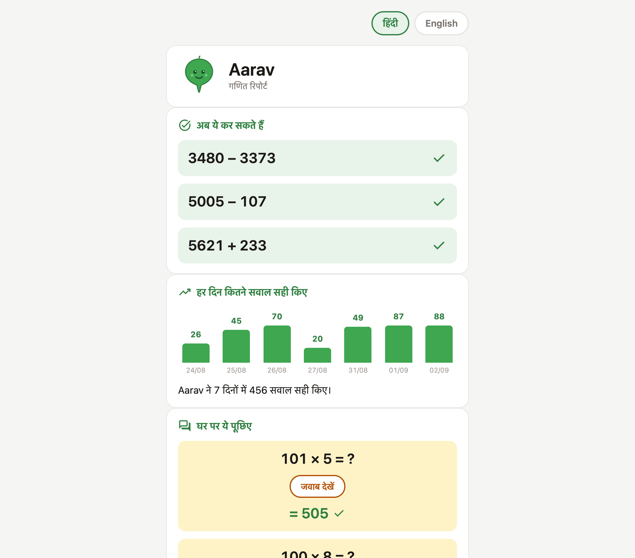 A parent report card in Hindi: sums the child can now do, a bar chart of right answers per day, and questions to ask at home