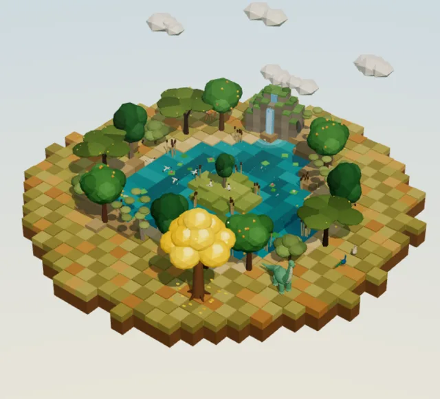 The full forest with a golden tree, a waterfall and a dinosaur