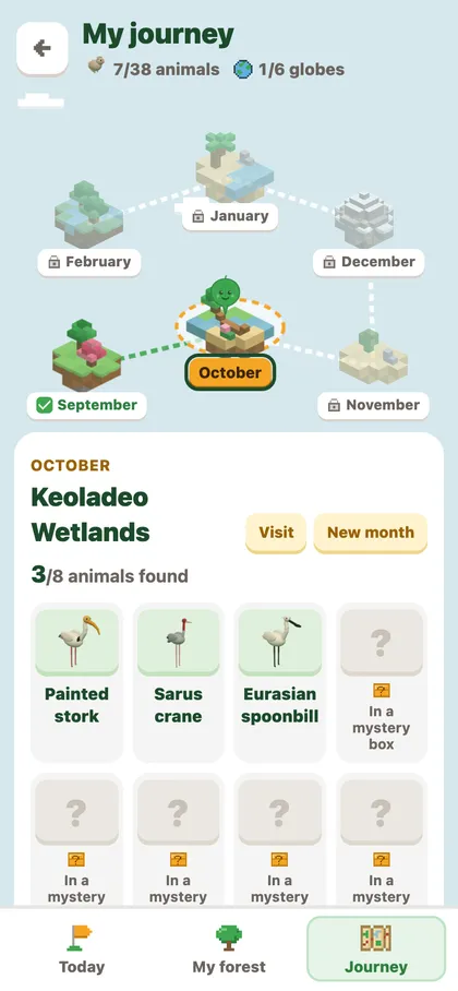 The journey map: a new place each month, with animals to find