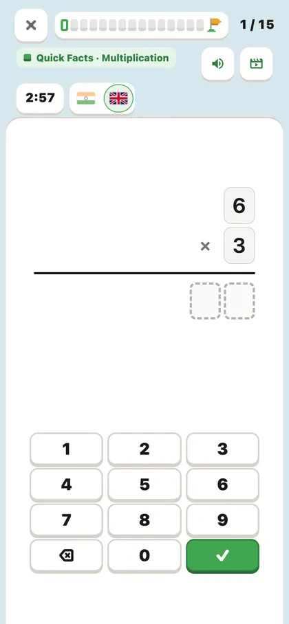 Quick facts: 6 times 3 with answer boxes and a keypad