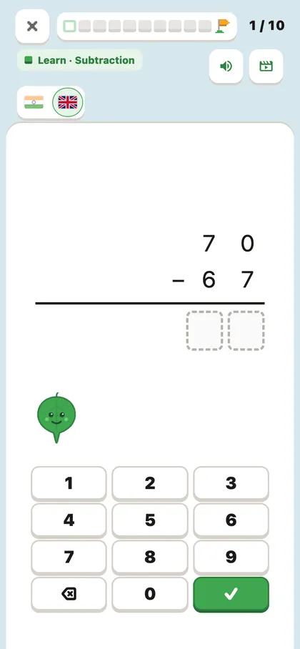 A Vana subtraction question, 70 minus 67, set out in columns with a keypad