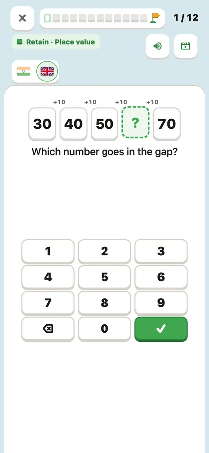 Retain: which number goes in the gap in 30, 40, 50, gap, 70